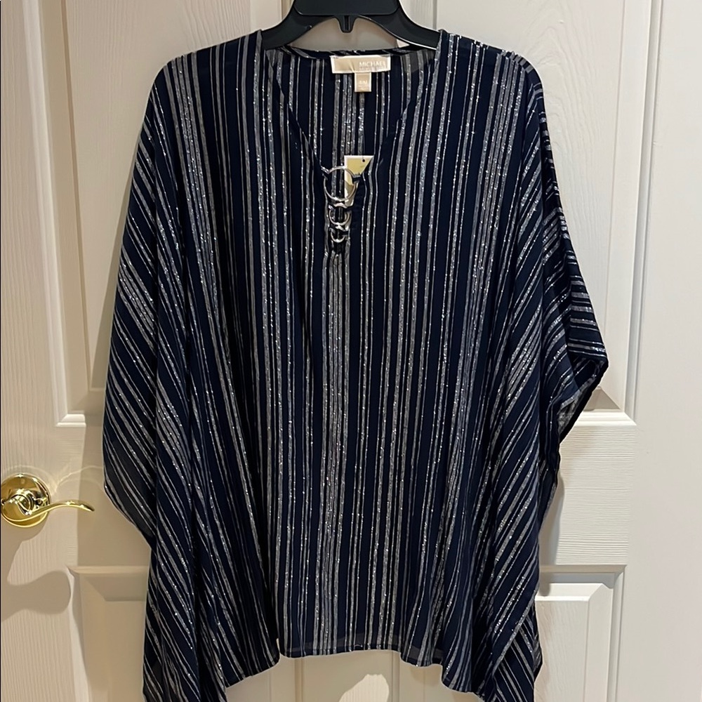 Michael Kors Navy and Silver Striped Blouse